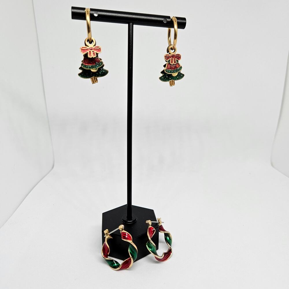 Lot of 2 Christmas Hoop Earrings Enamel Gold Tone Tree Bell Bow Ribbon
